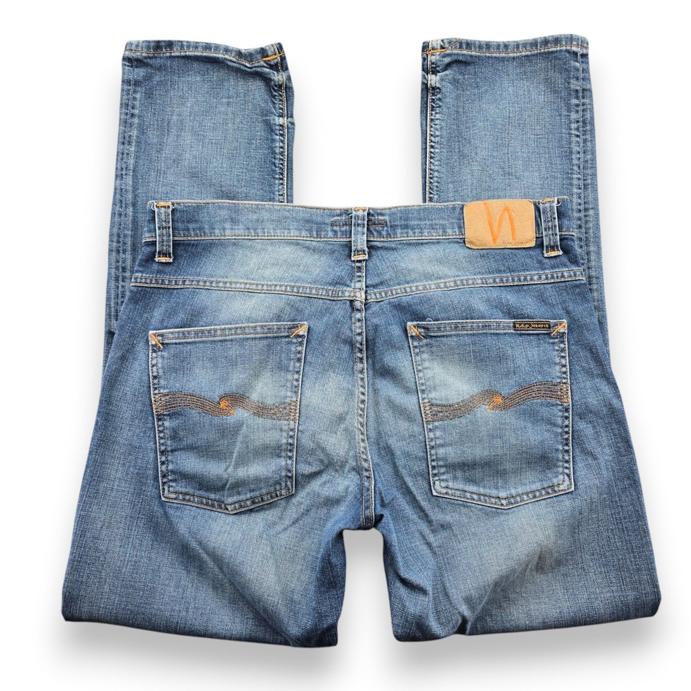 Nudie Jeans Co Grim Tim Mens 36x32 Organic Cotton Blue Denim Jeans Button Fly